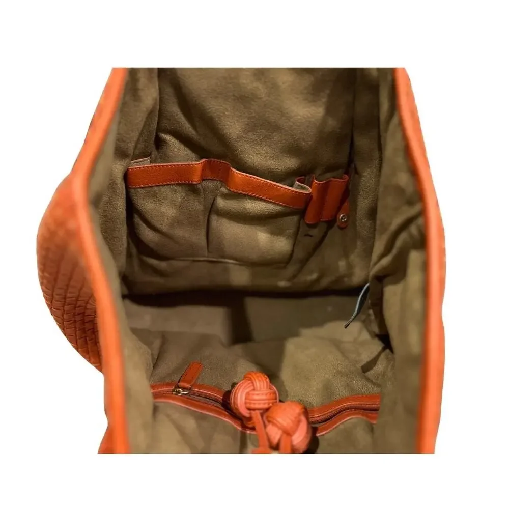 Vintage Liz Claiborne Woven Leather Orange Tote Bag w/ Double Knot Accent